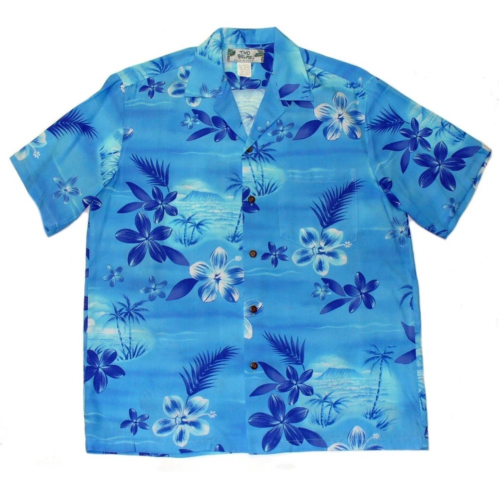 Two Palms Mens Hawaiian‎ Shirt Blue Tropical Floral Palm Trees Mountains size XL